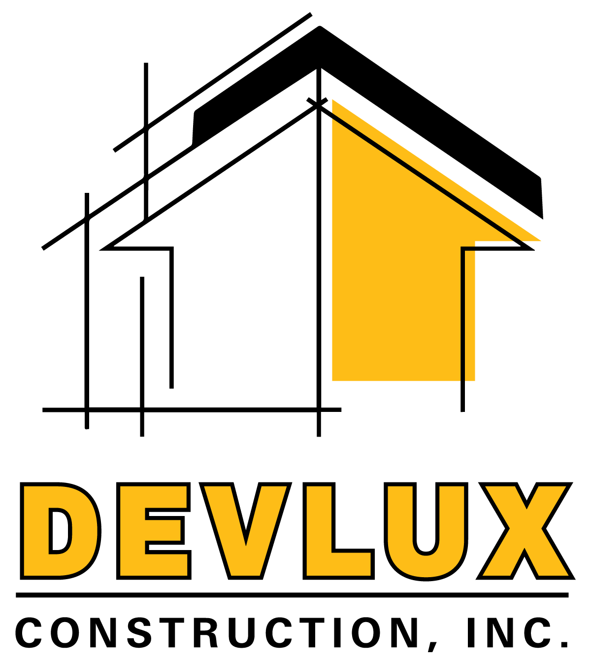 A yellow and black logo for devlux construction