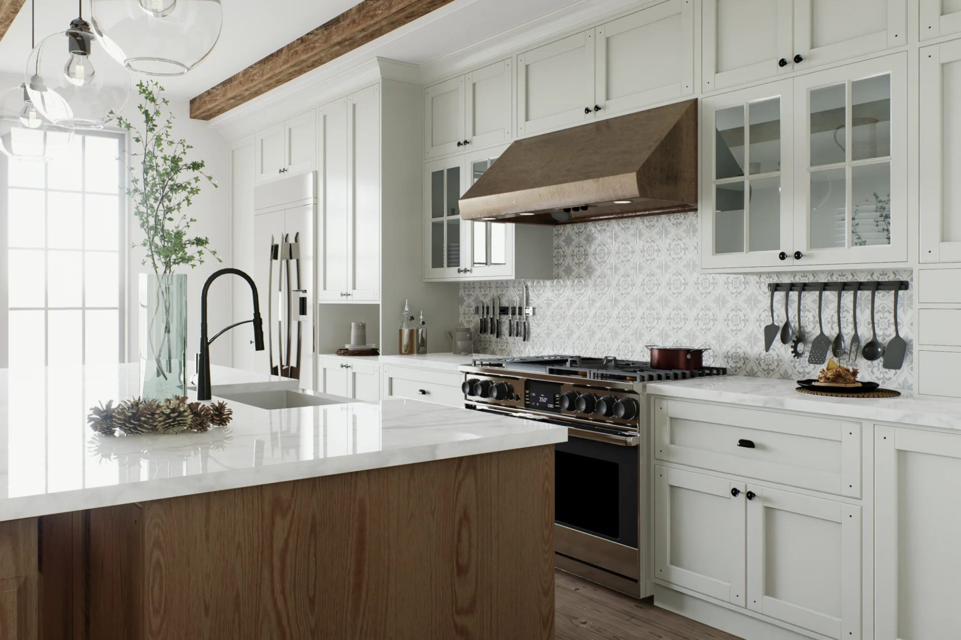 A kitchen with white cabinets and a large island.